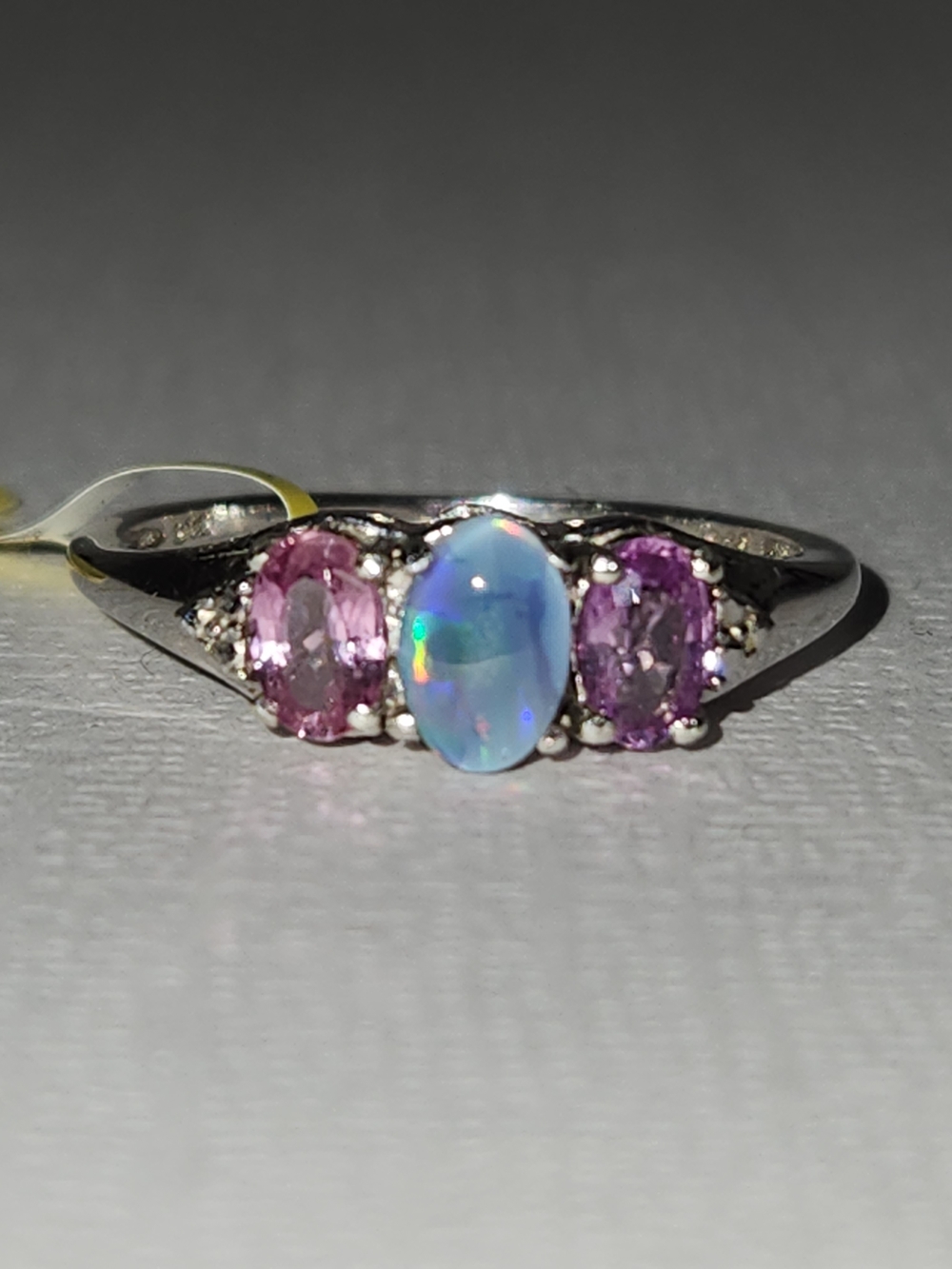 NWT Real Natural Pink & Violet Real Sapphires & Opal Trilogy 925 Ring Sz 7